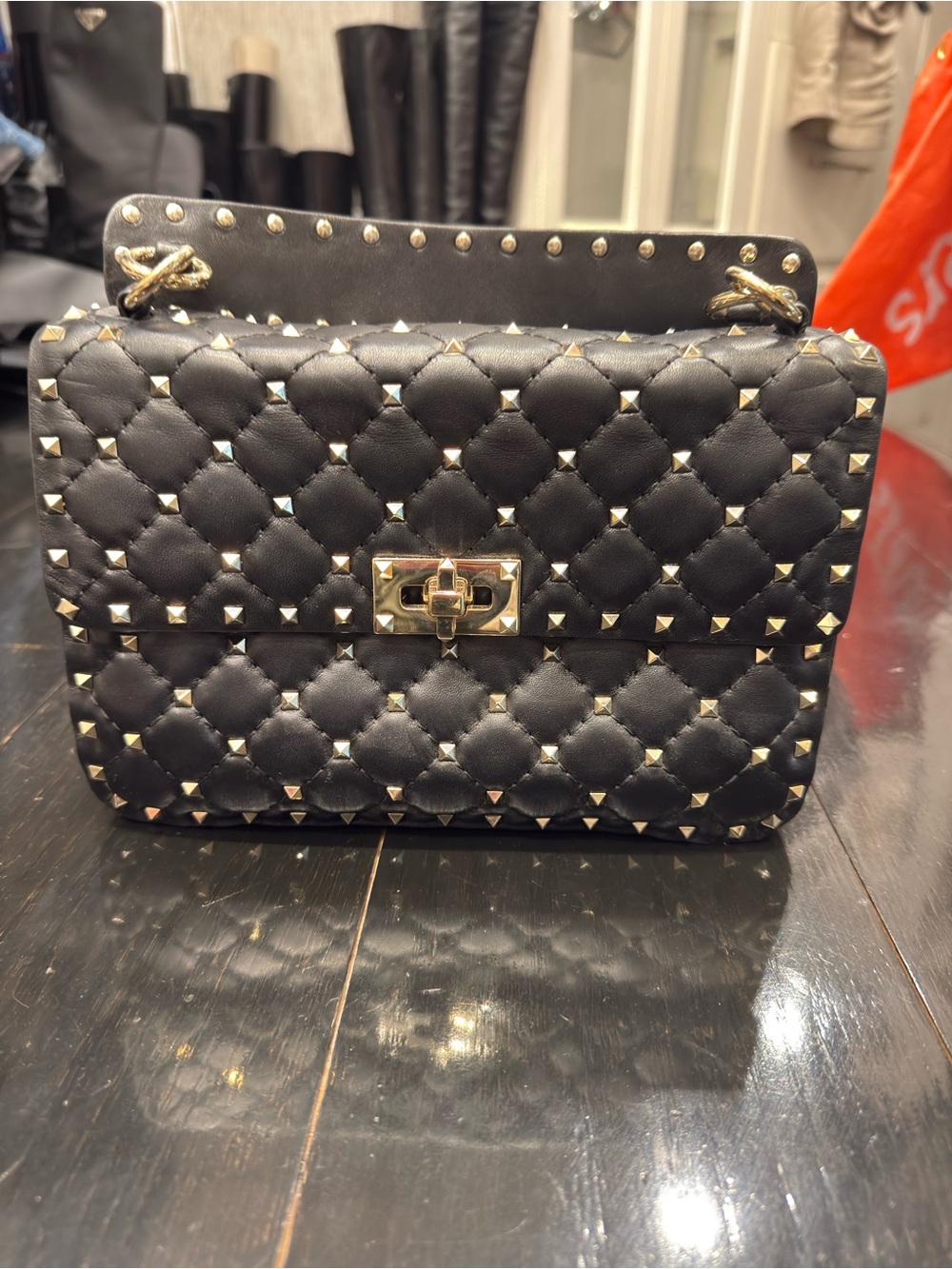 Classic Black Quilted Studded Shoulder Bag - Gold Hardware